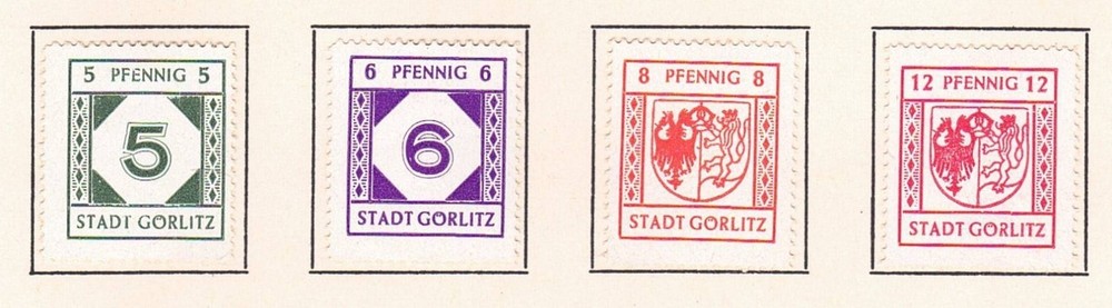Gorlitz – 1945 MI. 9-12, Numeral & City Crest, on white paper, smooth gum