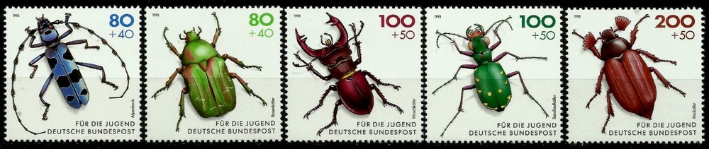 GERMANY, INSECTS, BEETLES, COMPLETE WELFARE SET OF 5, YEAR 1993, MNH