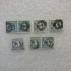 7 USED Antique Authentic Bavaria Bayern Stamps Blue 3 Kreuzer Numeral; 1850-1862