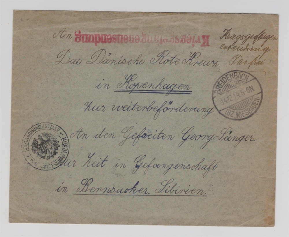 BREIDENBACH GERMANY WW I SIBERIA POW INQUIRY COVER TO DENMARK 1914