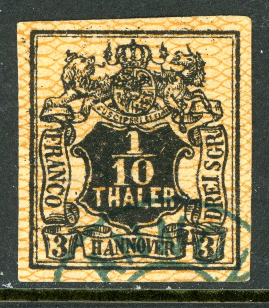 Germany States 1857 Hannover 1/10 T/3 ggr Black on Orange Imperf Sc #14 VFU X161