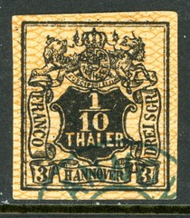 Germany States 1857 Hannover 1/10 T/3 ggr Black on Orange Imperf Sc #14 VFU X161