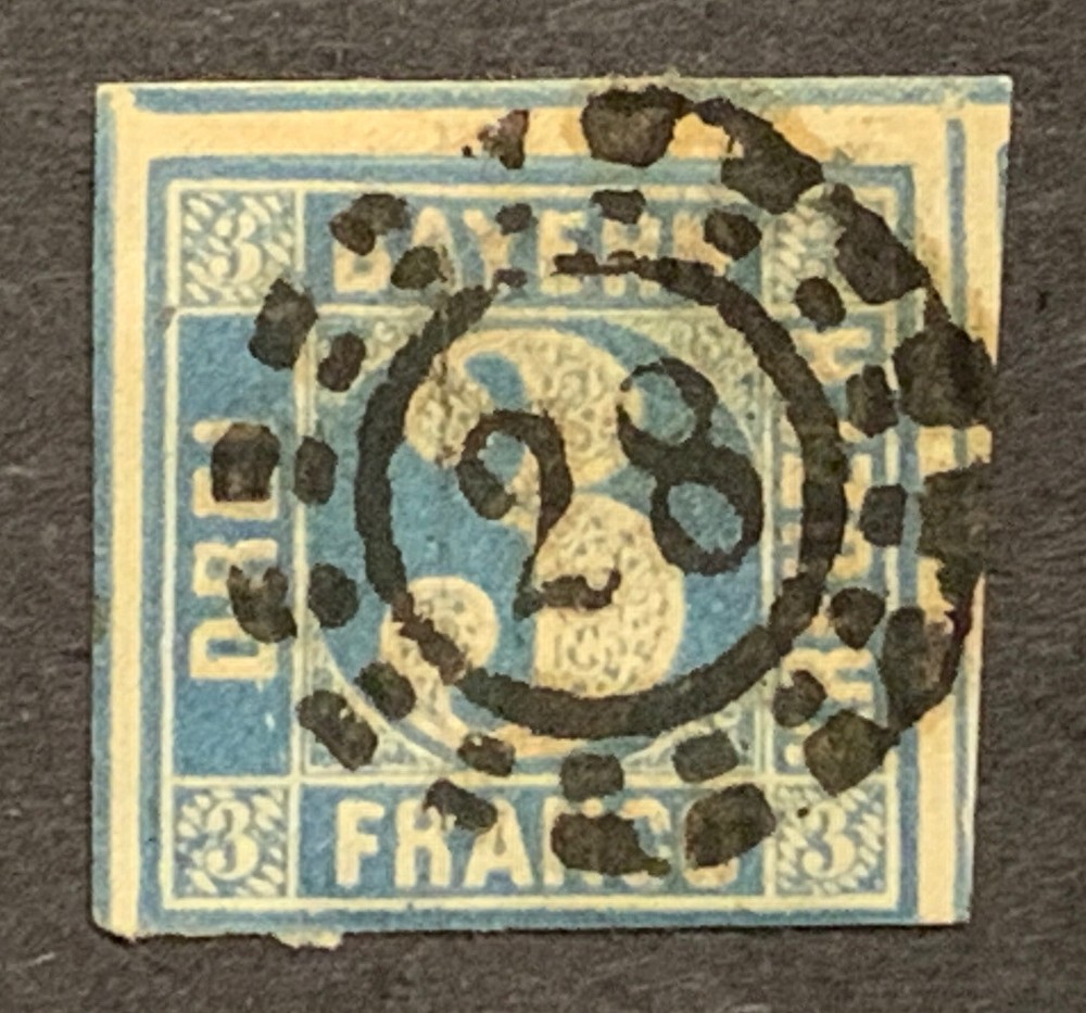 Travelstamps: Bayern Stamps , 3 Kreuzer, Used, NG, Handstamped “28”