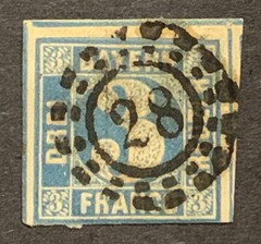 Travelstamps: Bayern Stamps , 3 Kreuzer, Used, NG, Handstamped “28”