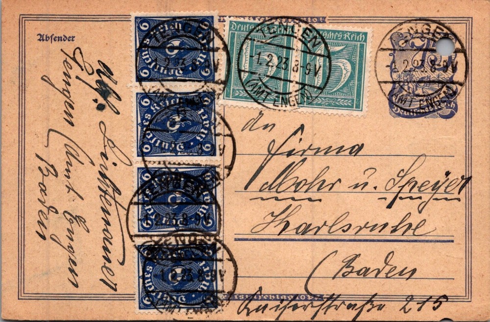 GERMANY 1923 INFLATION UPRATED STATIONERY POSTCARD MULT FRANKED ADDR & POSTMARK