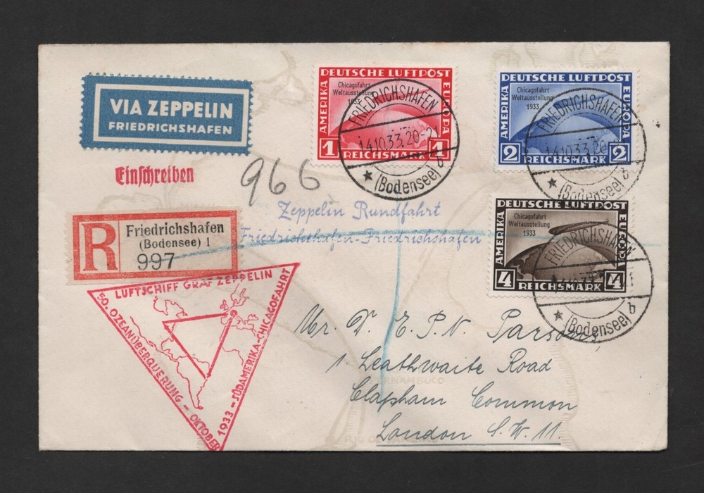GERMANY 1933 GRAF ZEPPELIN TO US FRANKED THE CHICAGO FLIGHT SET SC. #C43-C45