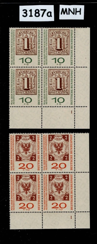 MNH stamp block B366-367 Bundespost 1959 Hamburg & Lubeck Germany #3187a