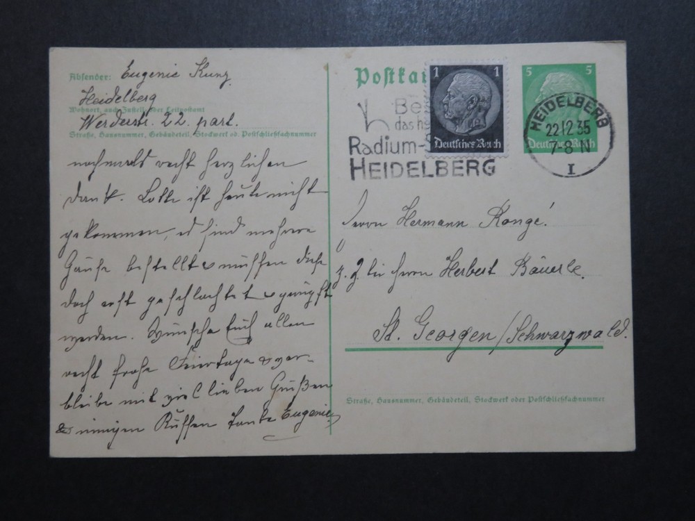 Germany 1935 Uprated Hindenburg Postal Card / Radium Slogan Cancel – Z10249
