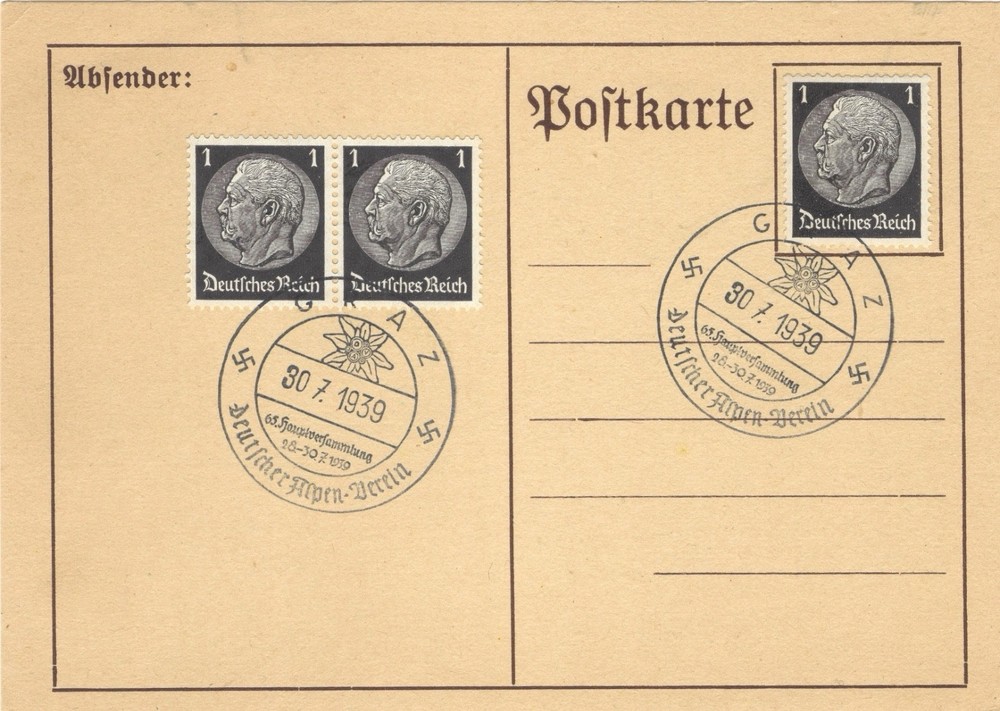 1939 Berlin Alpen Verein Event Postcard Hindenburg Stamps Special Cancel WW2 Era
