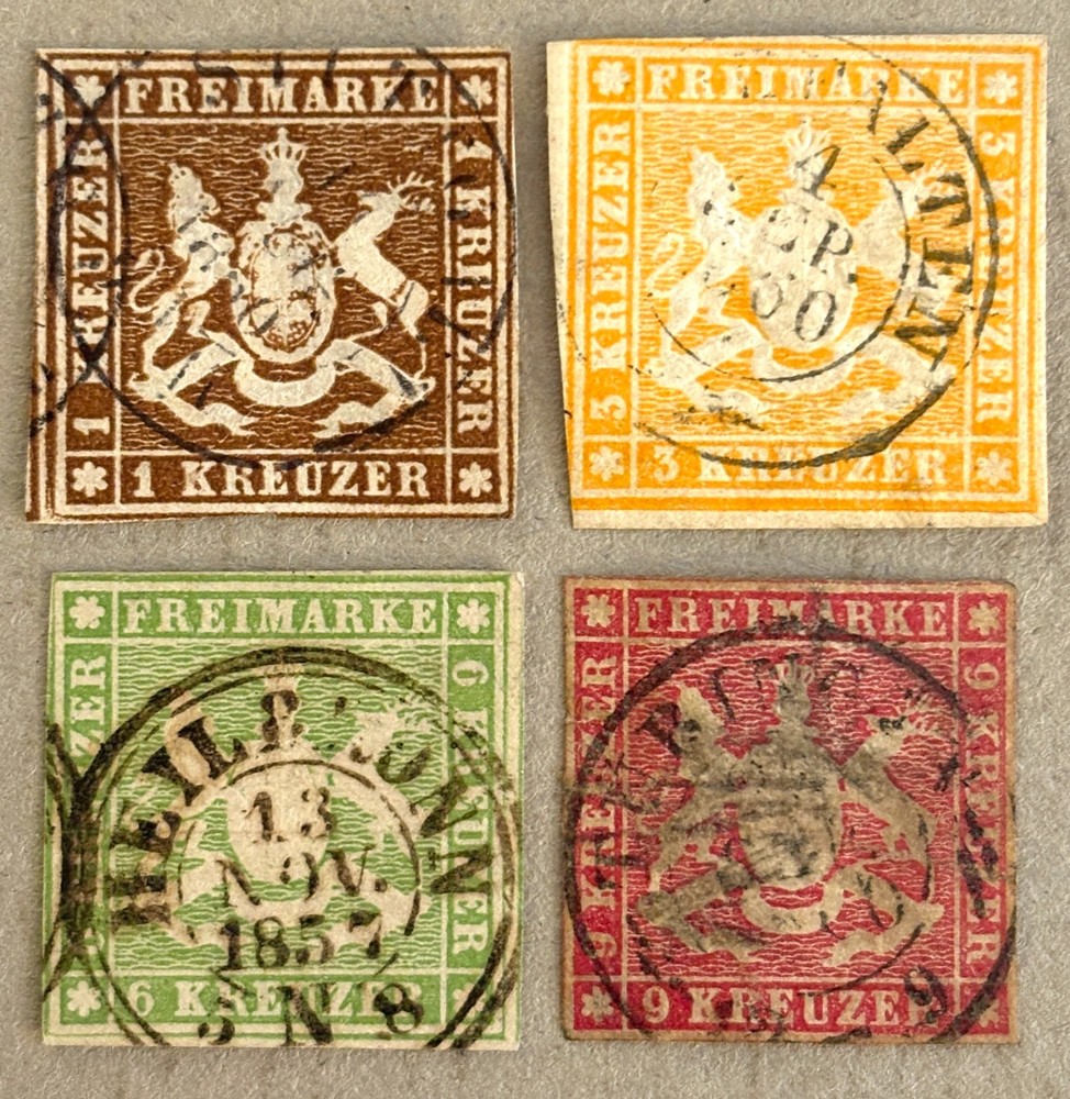 Wurttemberg 13, 15-17 / 1857 Embossed Coat of Arms Stamps / Used