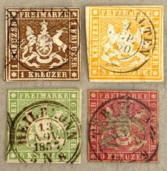 Wurttemberg 13, 15-17 / 1857 Embossed Coat of Arms Stamps / Used
