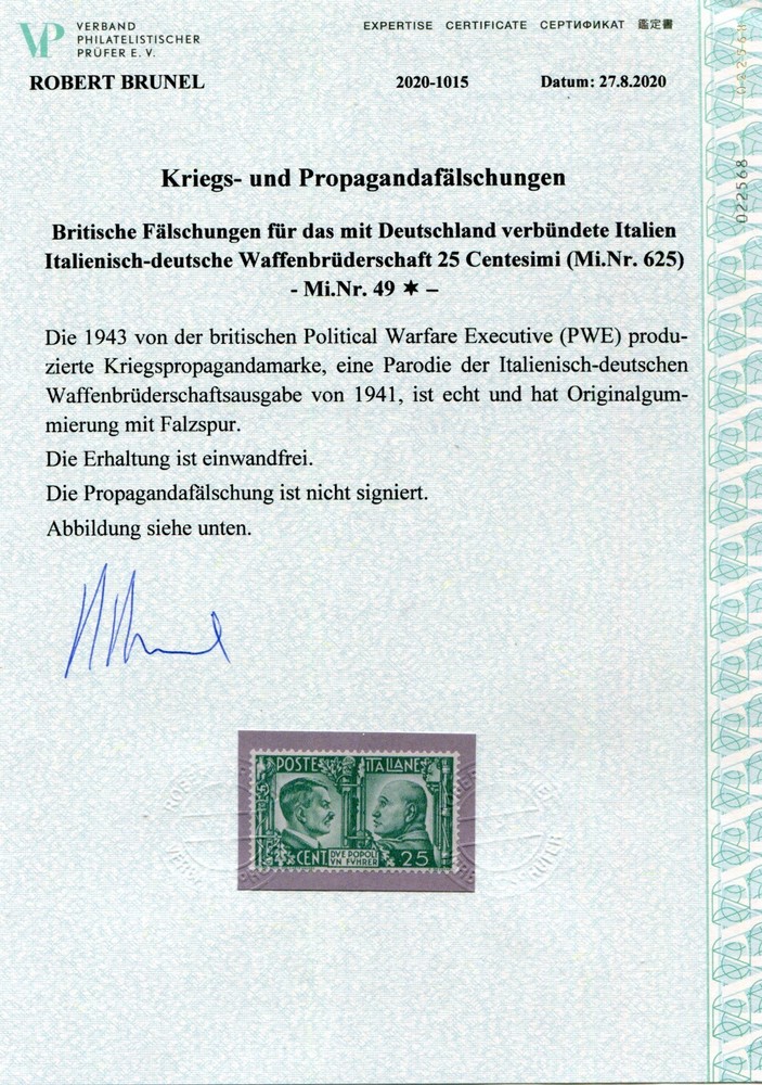 GERMANY 3rd REICH PROPAGANDA FORGERY HITLER MUSSOLINI PERFECT MH BRUNEL CERT