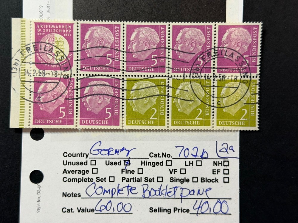 Germany # 702b Booklet Pane Used 2024 Scott Catalogue Value $ 60.00