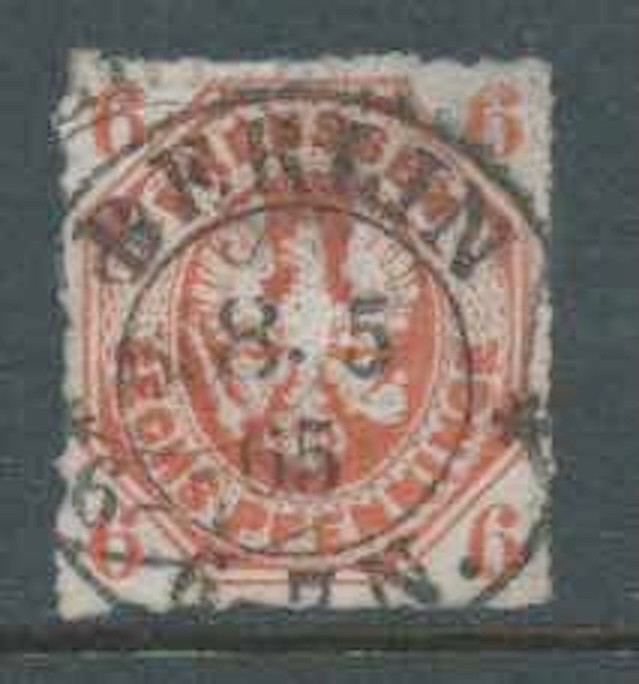 PRUSSIA 1861-7 – SG29 6pf Orange-Red Arms Embossed – Rouletted – FU-GU Cat £100