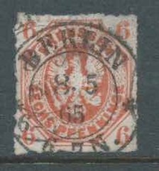 PRUSSIA 1861-7 – SG29 6pf Orange-Red Arms Embossed – Rouletted – FU-GU Cat £100