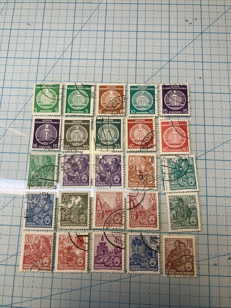 25 USED/Overstamped small Vtg 1950-1990 DDR East Germany stamps; $1 Ships/A DEAL