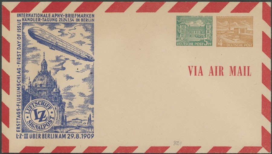 1954, GERMANY INTERNATIONAL AIR POST EXHIB. STATIONERY ENVELOPE 4PF+5PF, UNUSED