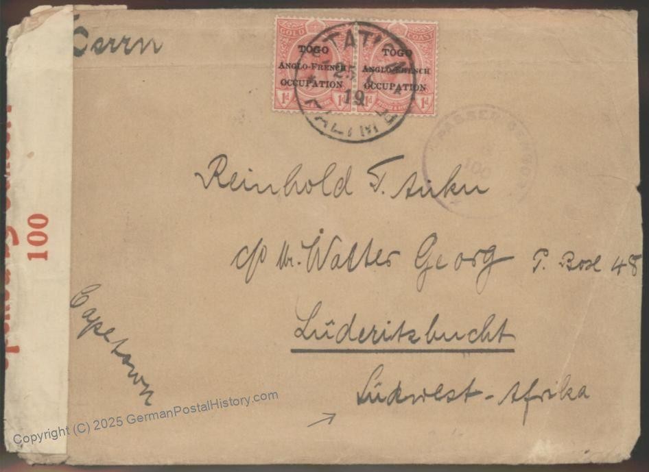 Germany 1919 WWI Togo Anglo-French Occ Cover Station Palime to DSWA 115468