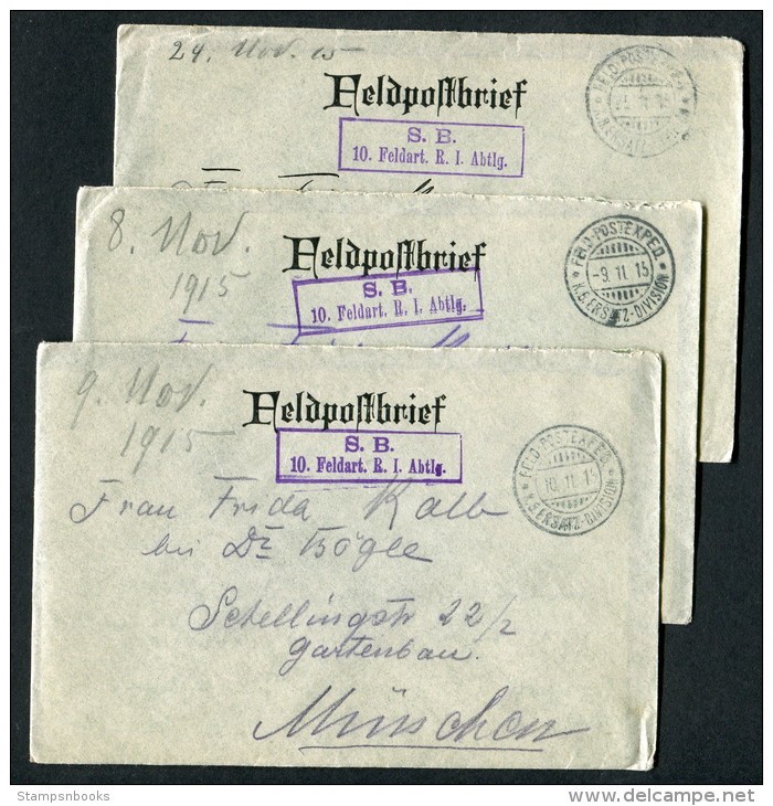 1915 Germany Feldpost S.B. 10 Feldart. R.I.Abtlg / K.B.Ersatz cover + letter x 3