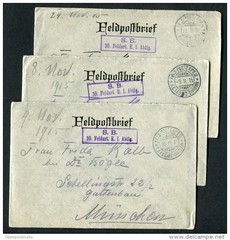 1915 Germany Feldpost S.B. 10 Feldart. R.I.Abtlg / K.B.Ersatz cover + letter x 3