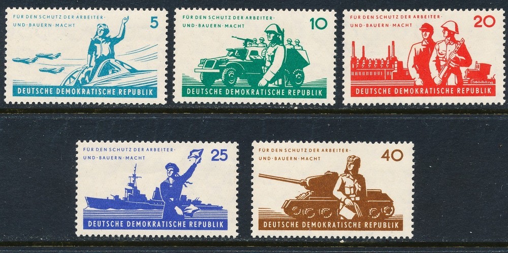 GERMANY DDR 1962, NAT’L PEOPLE’S ARMY SET, TANK,SHIP,PLANE,SOLDIER, SCT 598-602