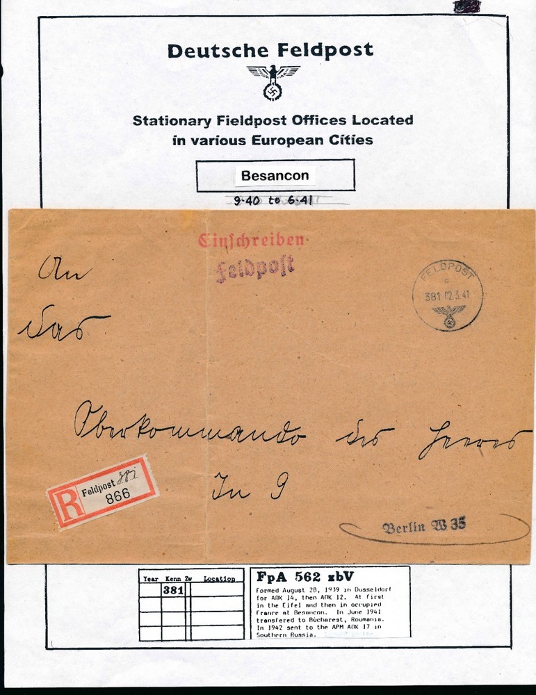 Germany WWII 1941 Registered Feldpost Cover Besancon France to Berlin R Label