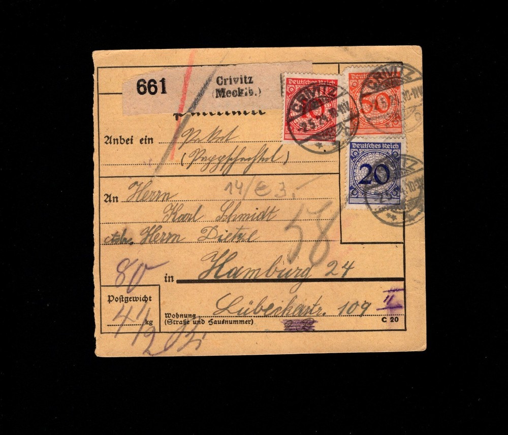 Germany 1924 Parcel Card Crivitz to Hamburg Card 8d