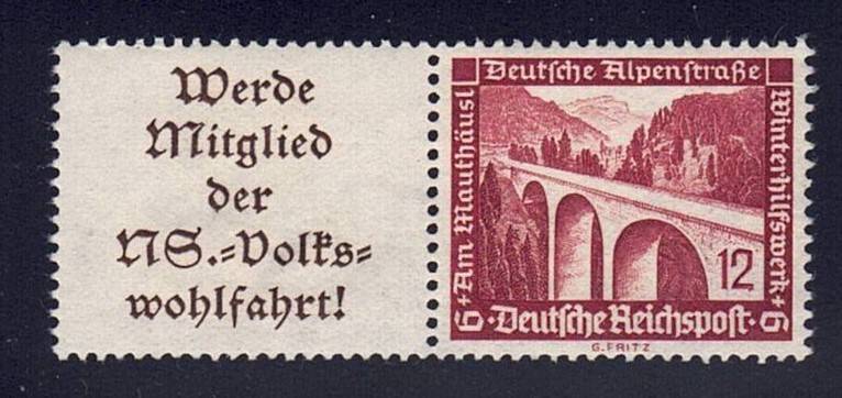 Germany – 1936 ZdMiNr W111, A11.1 label (L) se-tenant with 12pf Alpine road
