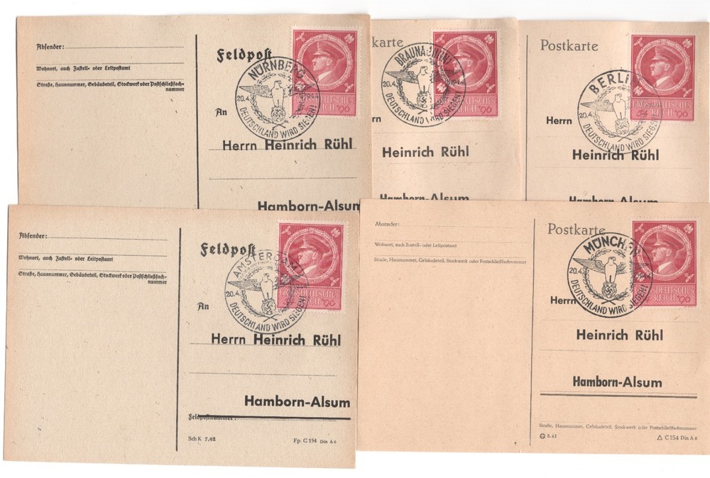 GERMANY 3rd REICH 5 x DIFFERENT CANCELS HITLER BIRTHDAY B271 FIRST DAY ON CARD