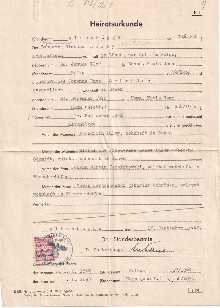 Germany 1942 Nazi Marriage Certificate Pelkum. 60pf Revenue Stamp
