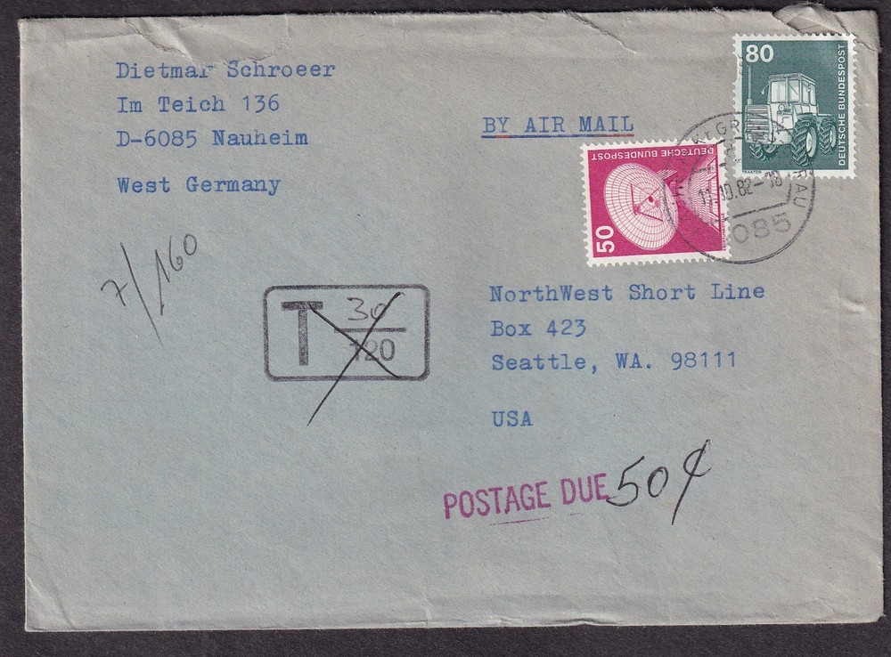 Germany 1982 postge due 50 cents cover Dietmar Schroer 6085 Nauheim to USA