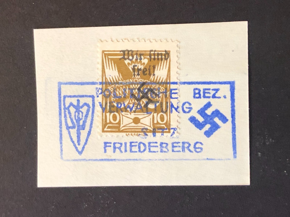 SUDETENLAND WWII-GERMAN OCC. Local ovpt FRIEDEBERG Ble stamp, on pap. 10 h. #326