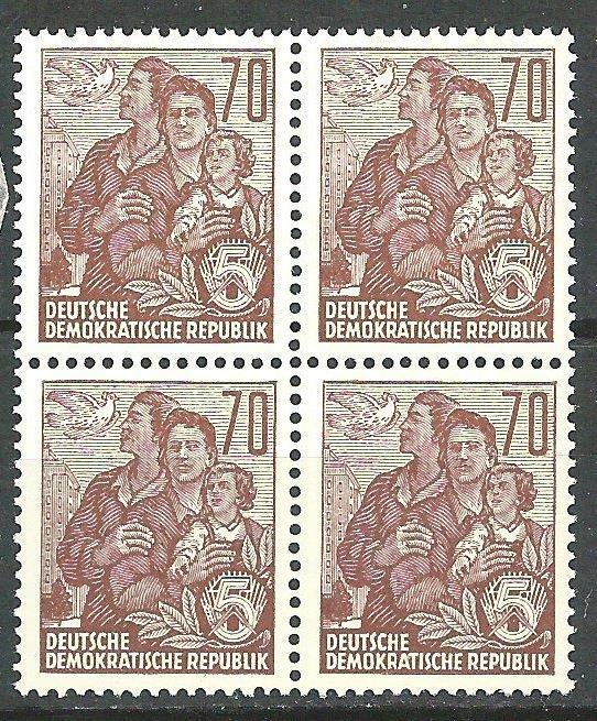 Germany DDR 1957 Sc# 338 Family Dove 70pf perf 14 GDR block 4 MNH