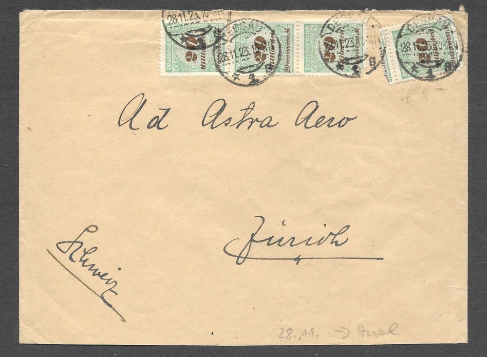 Germany Inflation Stamp Cover Nov 1923 80Billion Marks Astra Aero Zurich Junkers