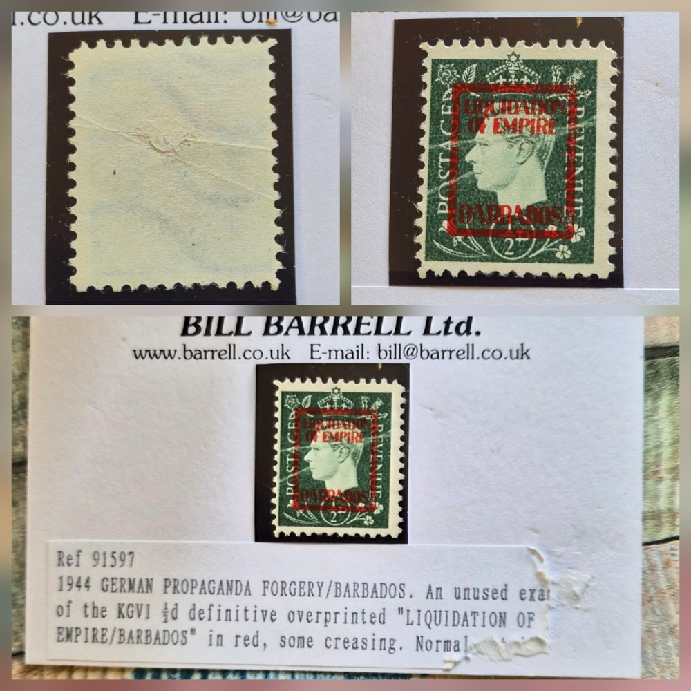 1944, WWII GERMAN PROPAGANDA FORGERY, KGVI 1/2d LIQUIDATION OF EMPIRE BARBADOS