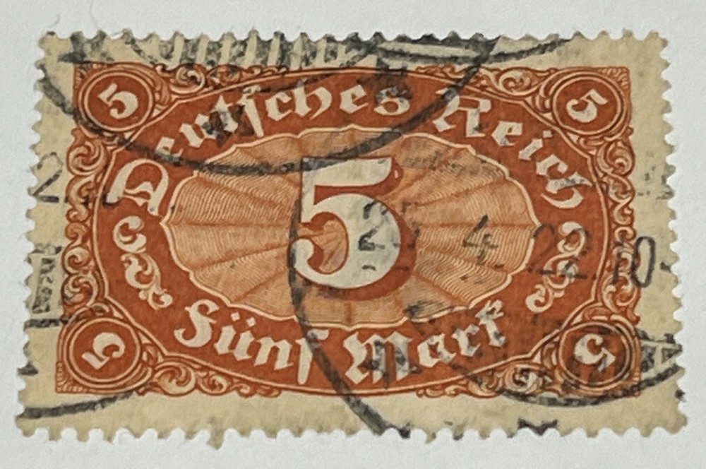 1922 GERMANY HYPERINFLATION LOW VALUE 5 MARKS STAMP USED