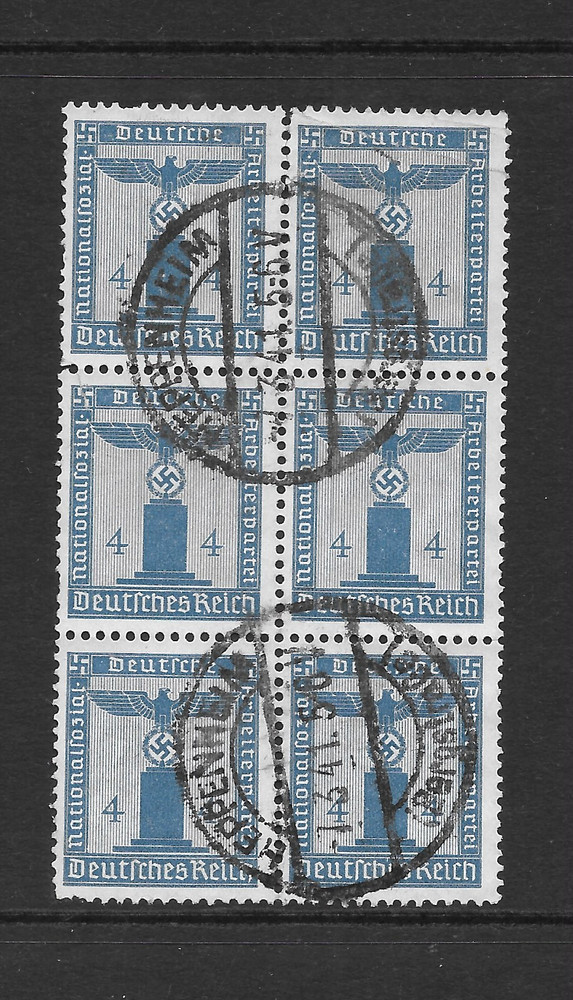 GERMANY SCOTT S3 USED BLOCK/6 – 1936 4pf DULL BLUE FRANCHISE ISSUE