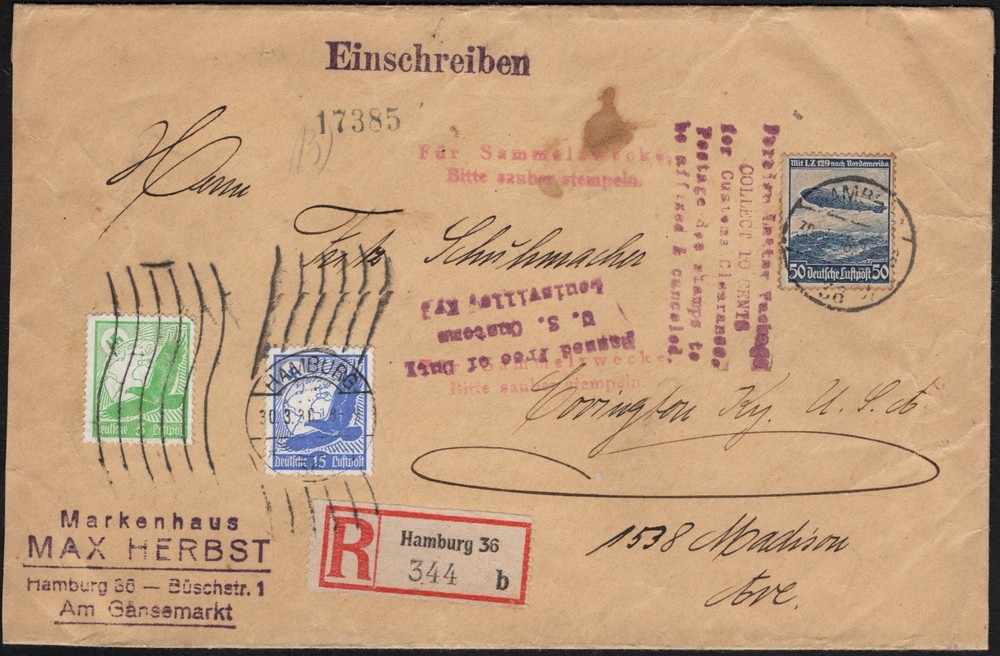 1936 German Registered Cover Hamburg to Covington, KY, Scott #C46, #C48 & #C57