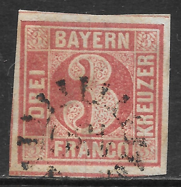 BAVARIA SCOTT 10 USED F/VF – 1862 3kr ROSE NUMERAL OF VALUE ISSUE
