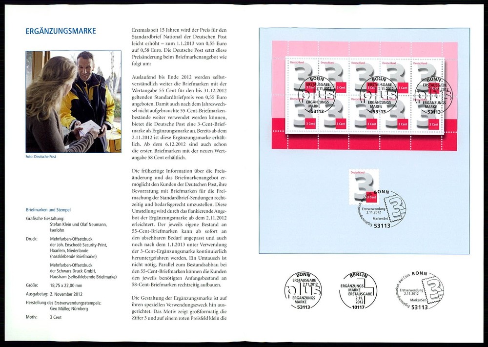 GERMANY FOLDER 2012/49 ERGÄNZUNGSWERT 3 CENT KLEINBOGEN + SELBSTKLEBENDE