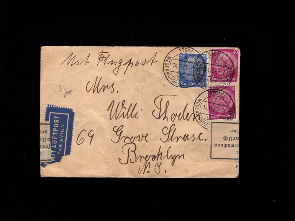 Germany Air Mail Stotel 111439 Early War Substitute Customs For Censor Cover 3i