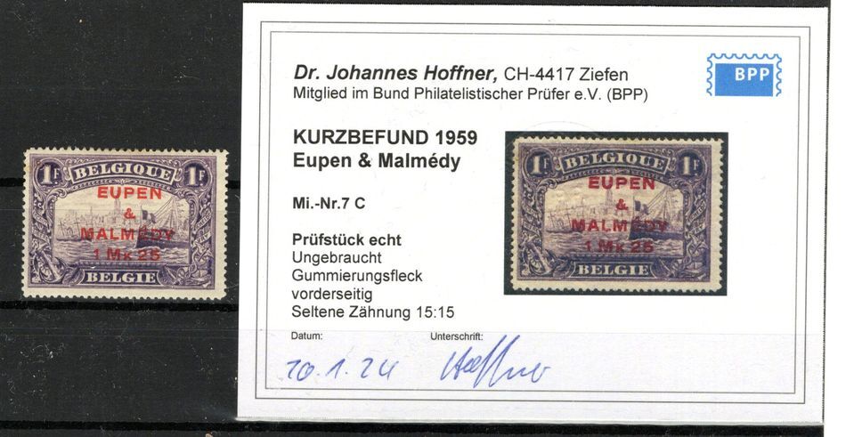 Eupen &malmedy 7C Rare Zähnungen MH BPP Certificate Eur ( CA1619