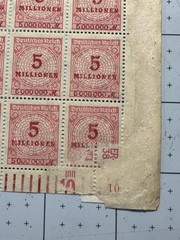 Germany 1923 SC 285 Sheet 5 Millionen Mark Hyperinflation MNH