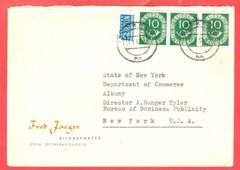 West Germany Posthorn 10pf BOGEN Horizontal Pair + used on cover to USA
