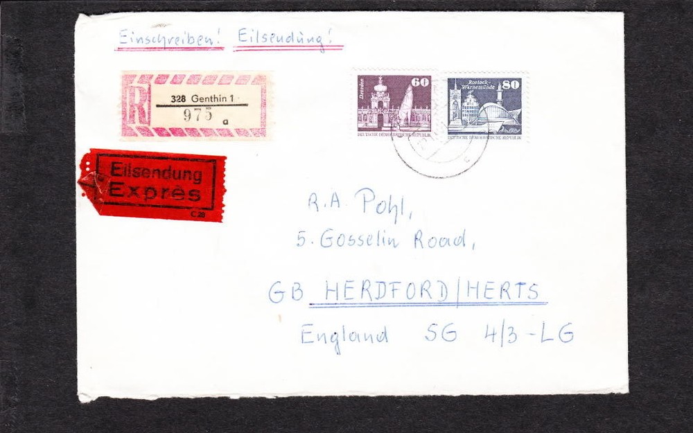 Commercially USED Germany DDR Registered 975a Express Genthin 1981 England z39