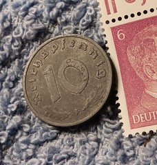 1940 German 10 Pfenning ~ km#101 , WW2 Germany ~ + 6pf. Stamp, Has Flaws