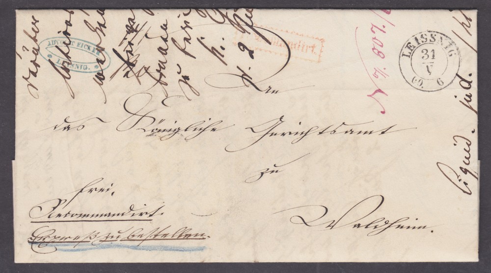 Germany, 1860 Stampless Registered SFL with 4 ngr. Fiscal, LEISSNIG cds, VF