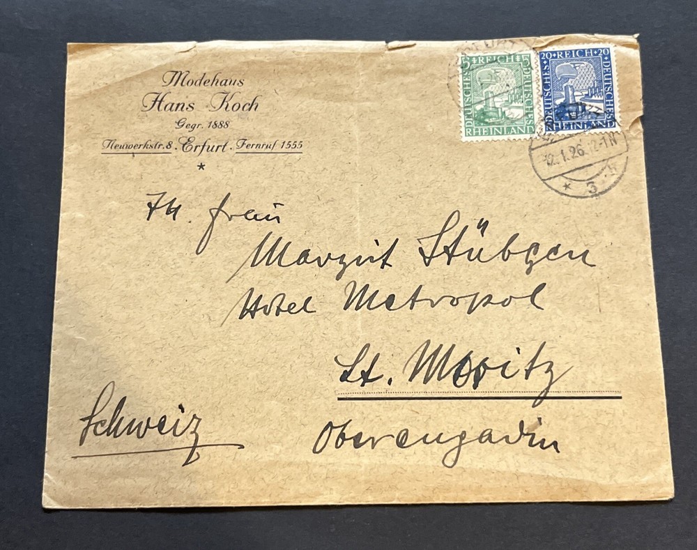 1926 Imperial German Reich Weimar Cover Eagle Stamps Modehaus Hans Koch
