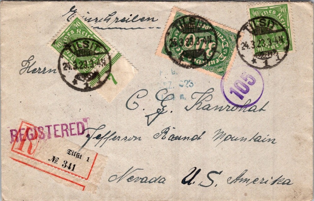 GERMANY 1923 POSTAL INFLATION REGISTER COVER MULT FRANK ADDR USA POSTMARK TILSIT