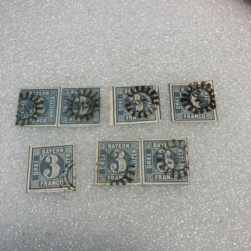 7 USED Antique Authentic Bavaria Bayern Stamps Blue 3 Kreuzer Numeral; 1850-1862